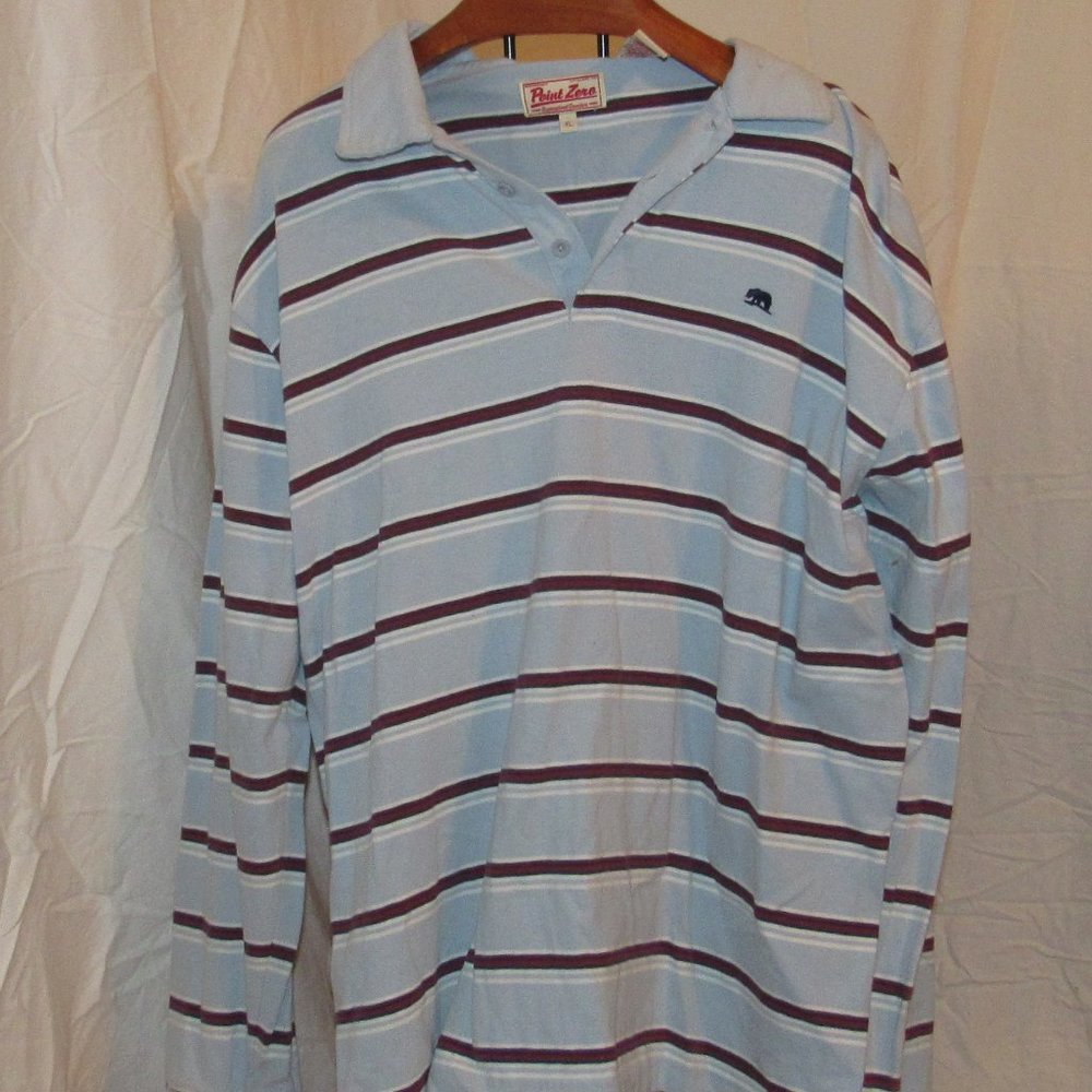 Point Zero Mens Long Sleeve Polo Light Blue with Red and White Stripes Size XL